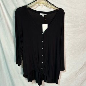 Green Envelope 2x black button down soft tied waistline hi low hemline nwt